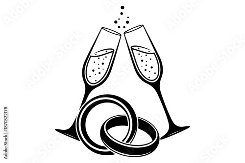 Celebratory champagne flutes clinking with wedding rings, a symbol of love and commitment