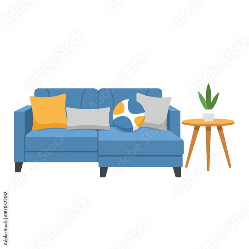 Blue sectional sofa with decorative pillows and a side table with a plant.