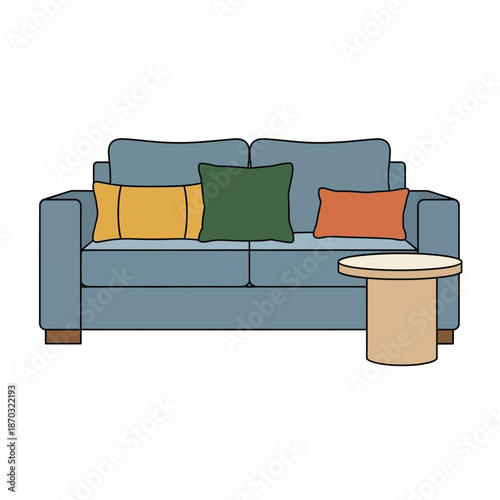 A simple illustration of a blue two-seater sofa with colorful cushions and a small side table.