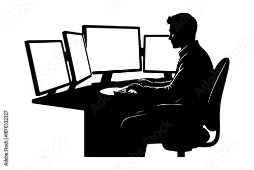 Silhouette of a person working on a computer with multiple monitors in a dimly lit environment