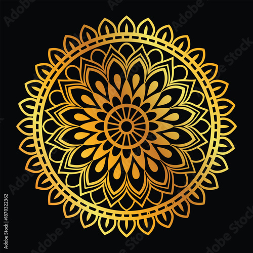 Golden mandala design on blak background