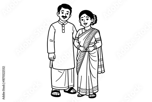 Illustration of a smiling Indian couple dressed in traditional attire
