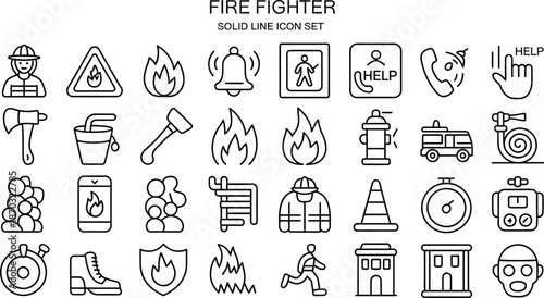 A collection of firefighter themed line icons including a firefighter and fire related symbols
