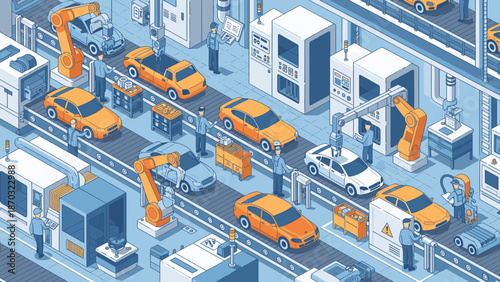 Modern car manufacturing plant with robots and workers