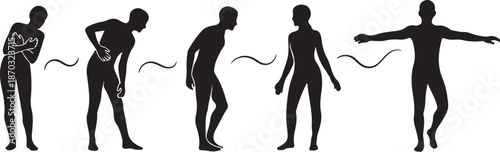 Human silhouettes in various poses with jump rope