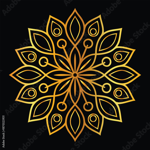 Golden mandala design on blak background