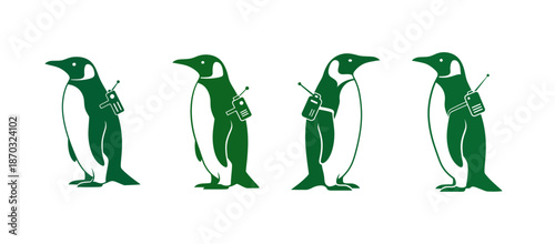 Four stylized green penguins, each equipped with a small backpack and antenna, lined up against a white background
