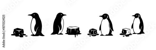 A charming series of minimalist black-and-white penguin illustrations, each bird standing beside an ice cube, capturing the essence of polar wildlife in a clean and graphic design