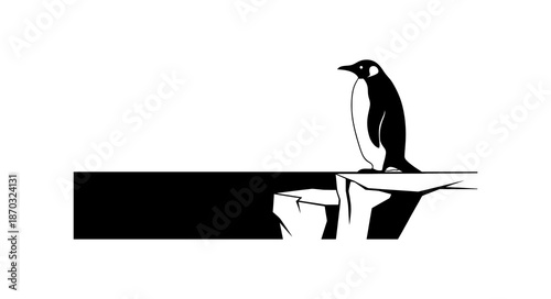 A lone penguin stands contemplatively on the precarious edge of a stark, minimalist ice cliff, symbolizing the resilience of polar wildlife amidst environmental change and global warming challenges