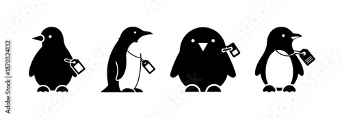 Set of cute cartoon penguins with tags, black and white illustration