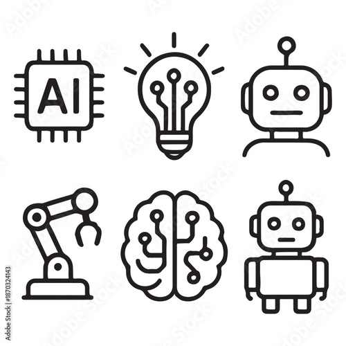 Artificial Intelligence web icons in line style. Innovation technology, machine, robot, bot, brain vector