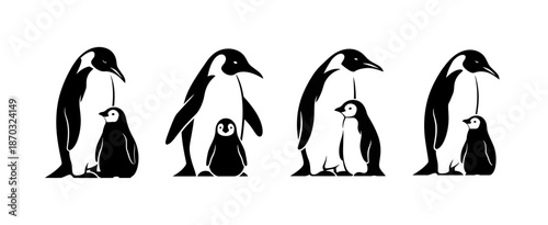 Charming black and white illustration of adult and baby penguins in a row