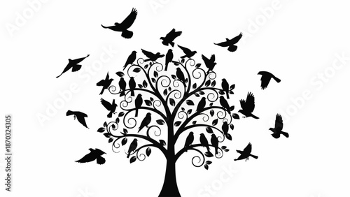 Silhouette of a tree with many birds flying around it.