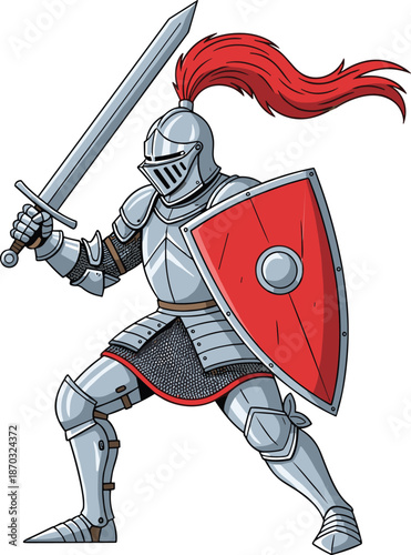Medieval knight warrior illustration, armored swordsman with shield, fantasy battle character concept, isolated vector design for game assets branding poster