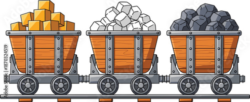 Mining ore carts illustration, gold silver coal wagons on rail track, industrial resource transport concept, isolated vector design for infographic