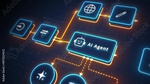 AI agent automation workflow diagram with connected nodes on futuristic digital technology interface