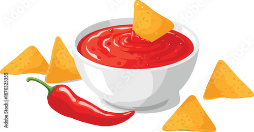 Nacho chips with spicy red salsa dip, chili pepper illustration isolated on white background, Mexican snack food vector design artwork