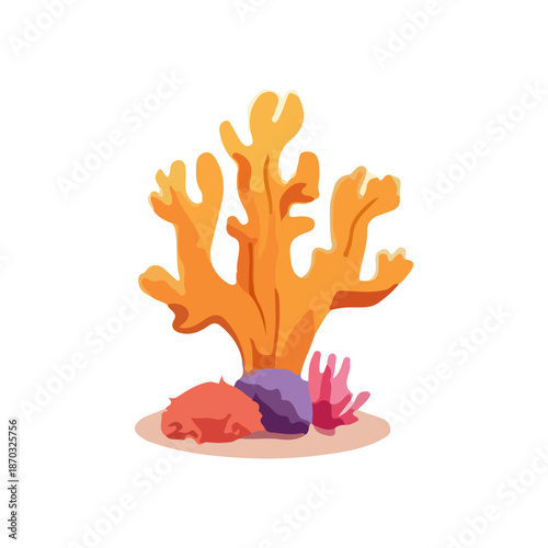 Cartoon coral reef illustration with starfish and sea shells 