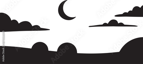 Simple Night Sky with Crescent Moon and Clouds Silhouette