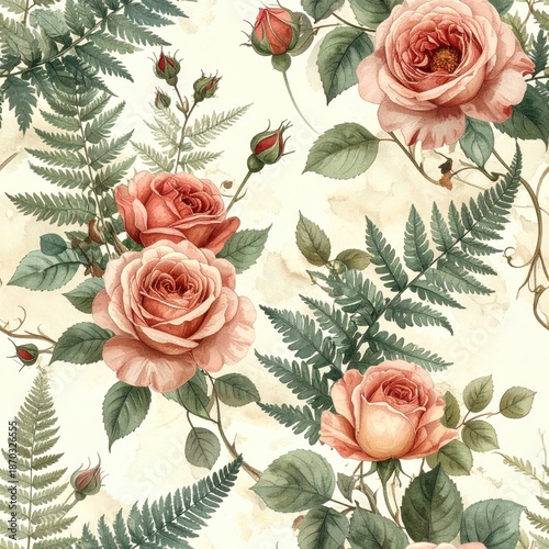 Vintage Rose and Fern Seamless Pattern, Romantic Floral Design for Textile and Wallpaper