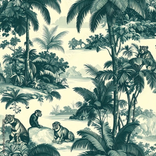 Vintage Jungle Pattern with Monkeys, Tigers, and Palm Trees, Seamless Tropical Design