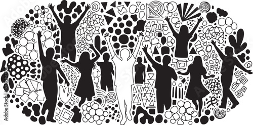 Diverse Group Celebrating with Silhouettes and Patterns