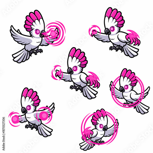 Magical Cockatoo Mascot Set Vector. Cartoon Bird Wizard Character with Pink Energy Spells, Perfect for Gaming Logo, App Icon, or Esport Asset Bundle.