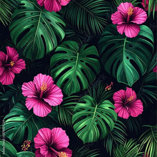 Lush Tropical Pattern with Pink Hibiscus Flowers and Green Monstera Leaves