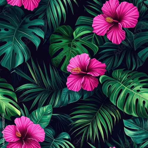 Dark Tropical Pattern with Pink Hibiscus Flowers and Green Monstera Leaves Design