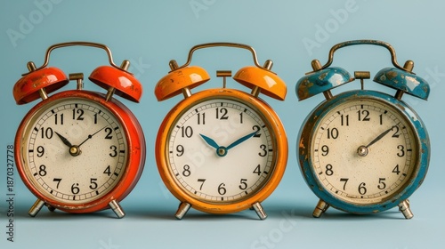 Vintage Alarm Clocks in Bright Colors Representing Time Management and Nostalgic Aesthetic for Home Decor and Photography