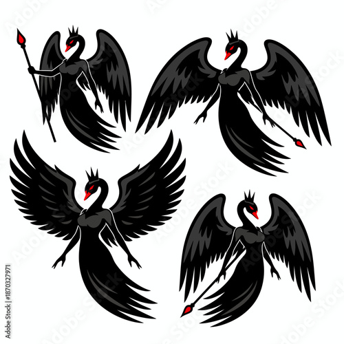 Black Swan Queen Set. Dark Fantasy Vector Illustrations of a Mythological Goddess or Princess with Large Wings, Crown, and Scepter.