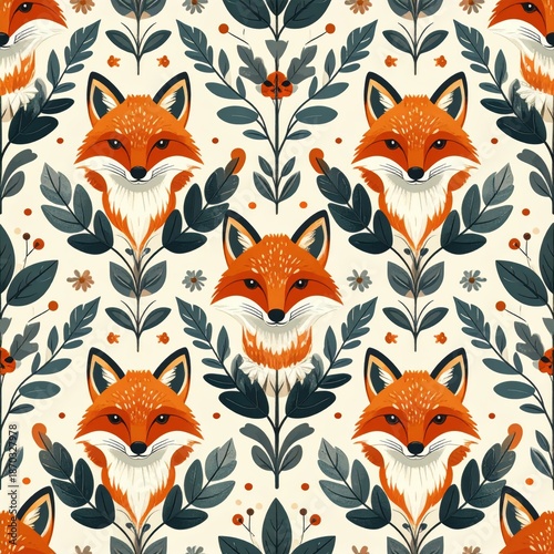 Symmetrical Fox and Floral Pattern in Orange, Green, and Cream for Textile Design