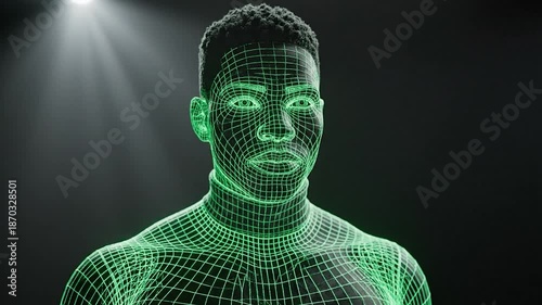 A male human head and torso, outlined with a green digital wireframe, against a dark background