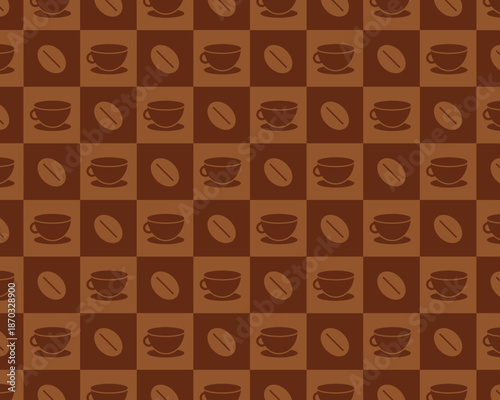 コーヒーカップとコーヒー豆のシームレスな背景パターン。茶色の市松模様風デザイン。カフェのメニュー、パッケージ、壁紙、ラッピングペーパーに最適なかわいいベクターイラスト素材。