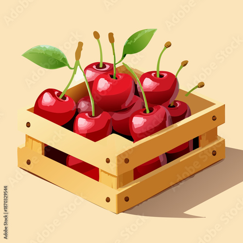 Harvest of red cherries in a rustic wooden box for organic farming and seasonal fruit market - Vector Illustration