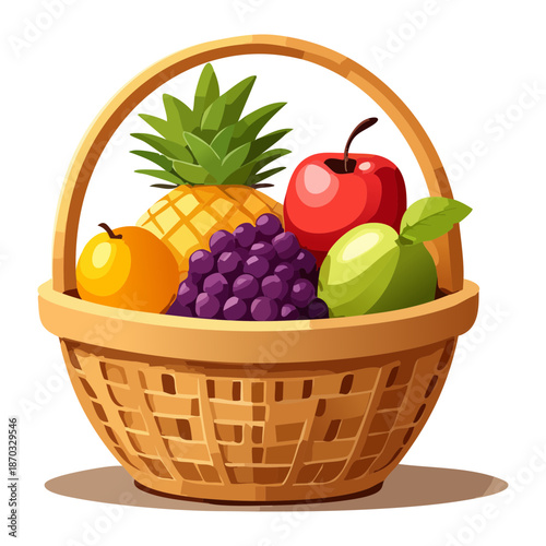 Wicker basket filled with assorted fresh fruits including pineapple apples and grapes for healthy gift concept - Vector Illustration
