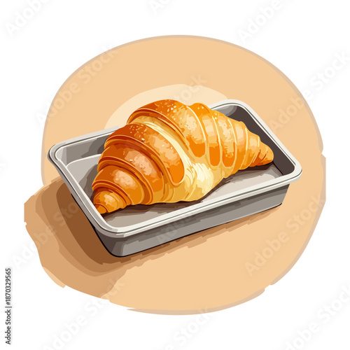 Single buttery golden croissant served on a metal tray for French bakery and morning pastry shop - Vector Illustration