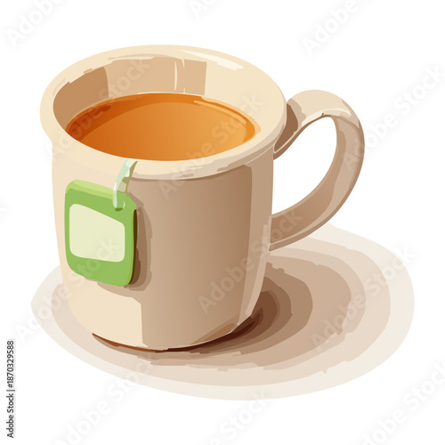 Hot cup of tea with a green tea bag label for relaxing afternoon break and wellness - Vector Illustration
