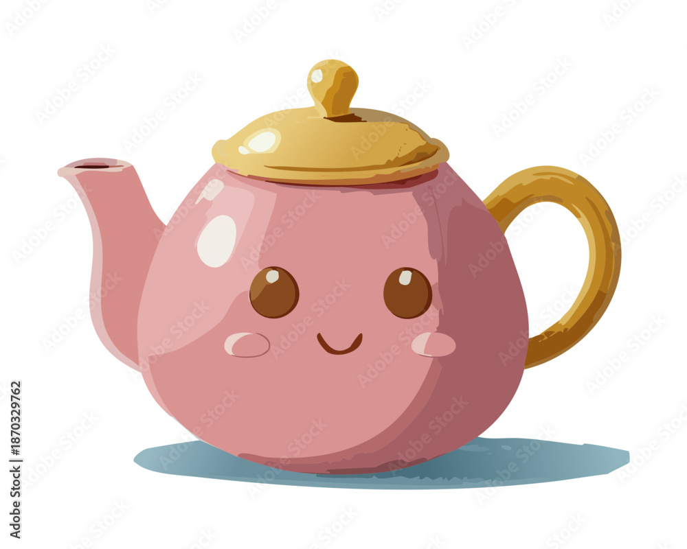 Obraz premium Cute Pink Ceramic Teapot with Smiling Face Character for Afternoon Tea Party and Kitchen Decorating Theme - Vector Illustration
