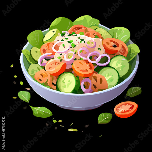 Fresh Garden Salad Bowl with Sliced Tomatoes Cucumbers Onions and Green Leafy Vegetables for Healthy Living Concept - Vector Illustration