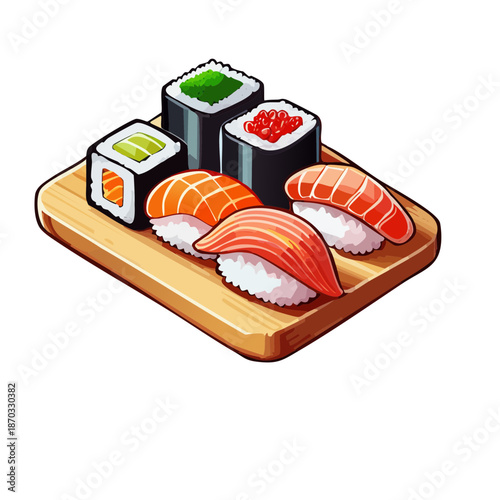 Assorted Japanese Sushi Set with Salmon Nigiri and Maki Rolls on a Wooden Tray for Food Menu - Vector Illustration