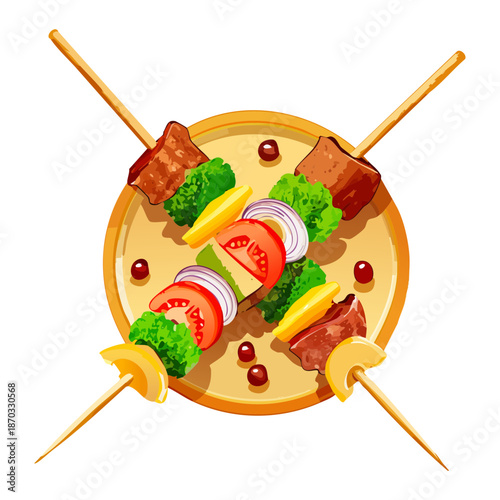Grilled meat and vegetable skewers on wooden sticks served over a round flatbread - Vector Illustration