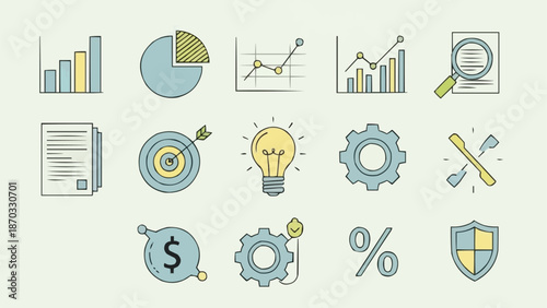 Collection of business and finance icons for data analysis and strategy.