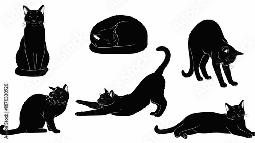 Collection of Black Cat Silhouettes in Various Poses.