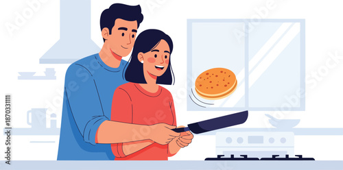 Happy Couple Cooking Together Romantic Kitchen Scene Flat Vector Illustration editable EPS