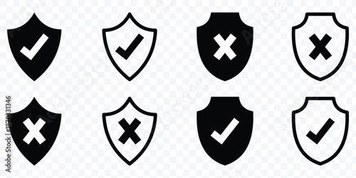 Security shield icons with check mark and cross. Check Mark, Cross, Lock, and Protection Symbols. Shield icons showing approved and rejected status. Two shields. eps 10