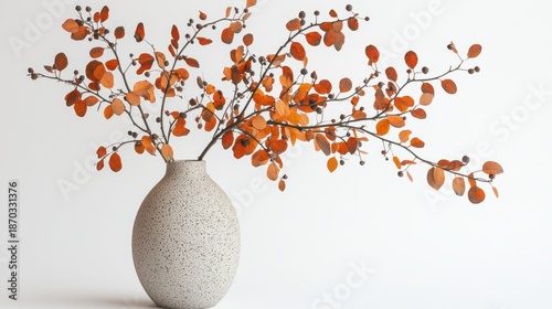 Elegant arrangement of orange foliage branches in a textured ceramic vase on a simple background for home decor inspiration