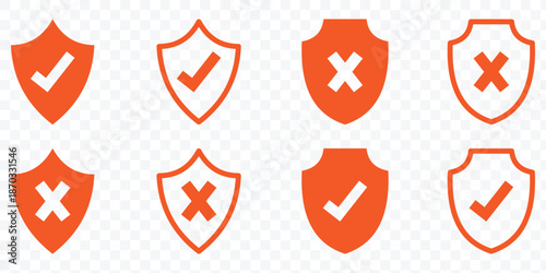 Security shield icons with check mark and cross. Check Mark, Cross, Lock, and Protection Symbols. Shield icons showing approved and rejected status. Two shields. eps 10