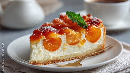 Close-up top-down shot of a luscious caramelized apricot cheesecake slice resting on a pristine matte white plate, silky whipped cream cheese layer cloud-light between buttery golden shortbread crust 