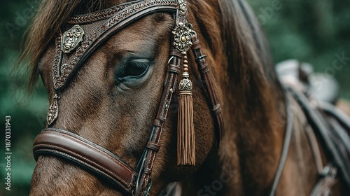 Close-up side-profile portrait of a noble bay horse wearing hand-woven traditional bridle adorned with ornate silver buckles and crimson silk tassel that sways beside alert flicking ear